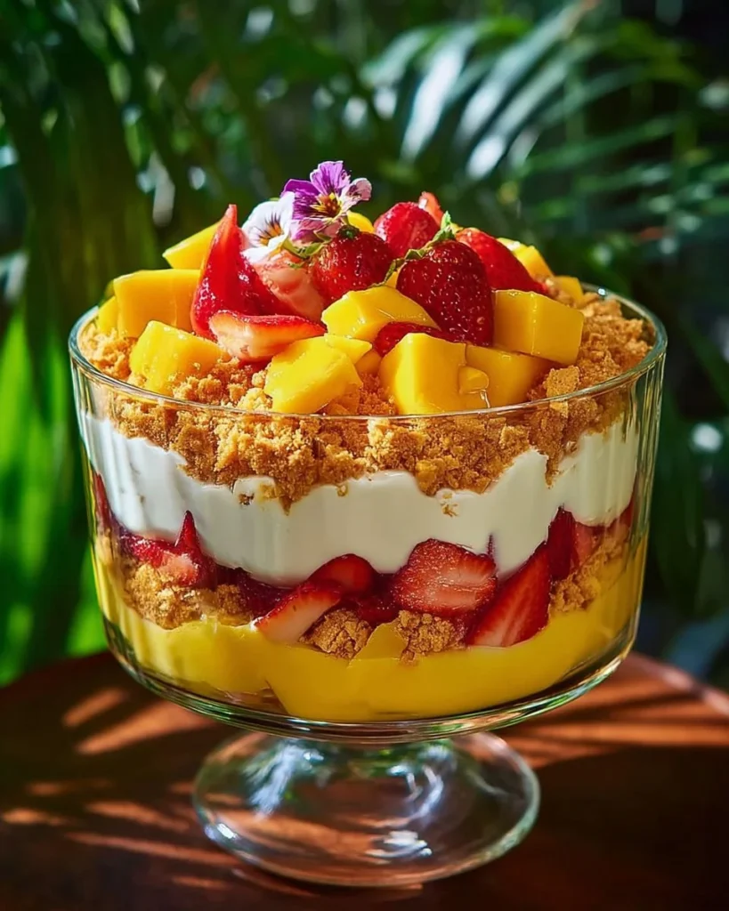 Tropical Mango Strawberry Cheesecake Trifle dessert with fresh fruit layers
