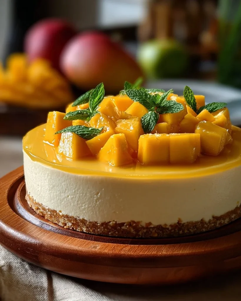 Tropical Paradise Mango Cheesecake topped with fresh mango slices.