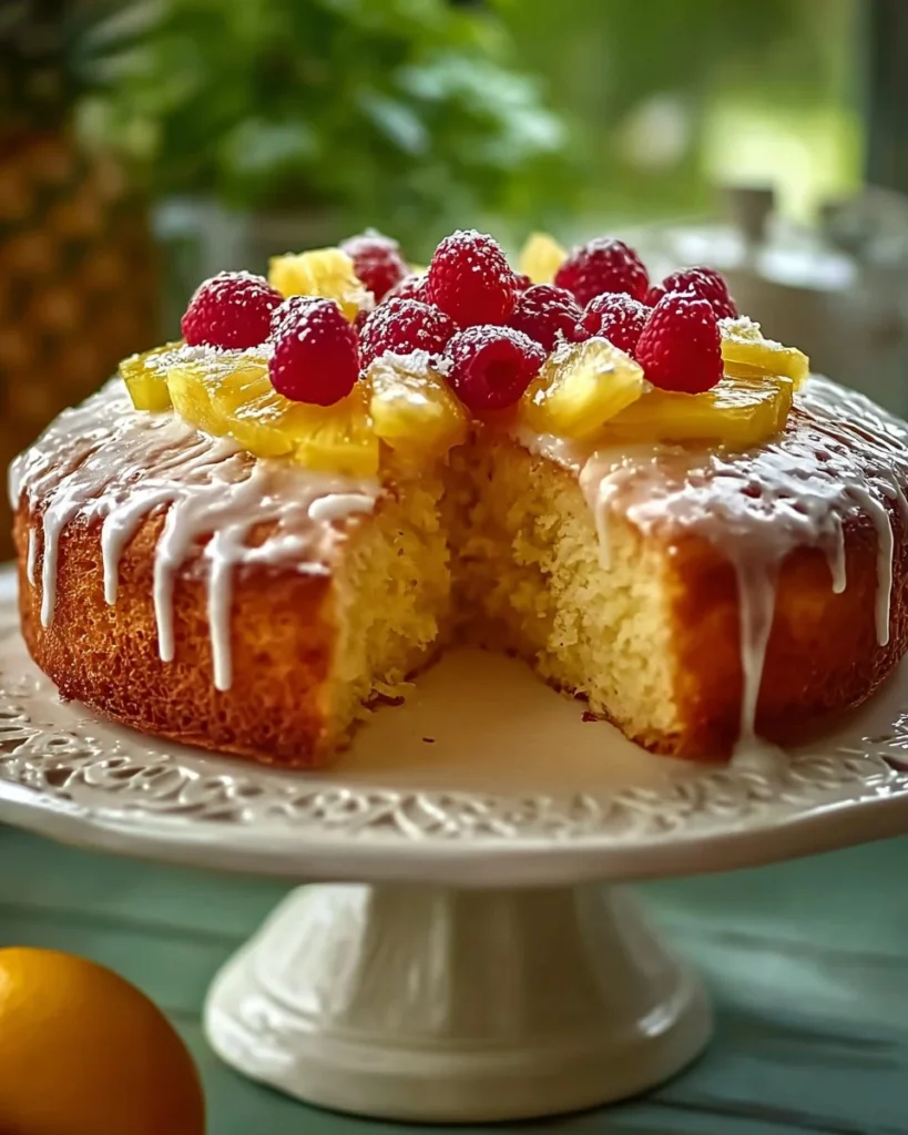 A slice of Tropical Pina Colada Pound Cake topped with coconut and pineapple.
