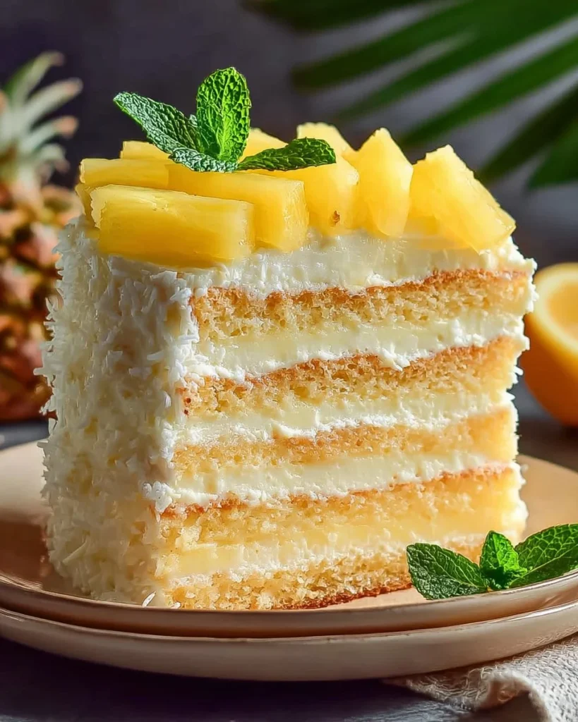Delicious Tropical Pineapple Bliss Cake topped with fresh pineapple slices and cream