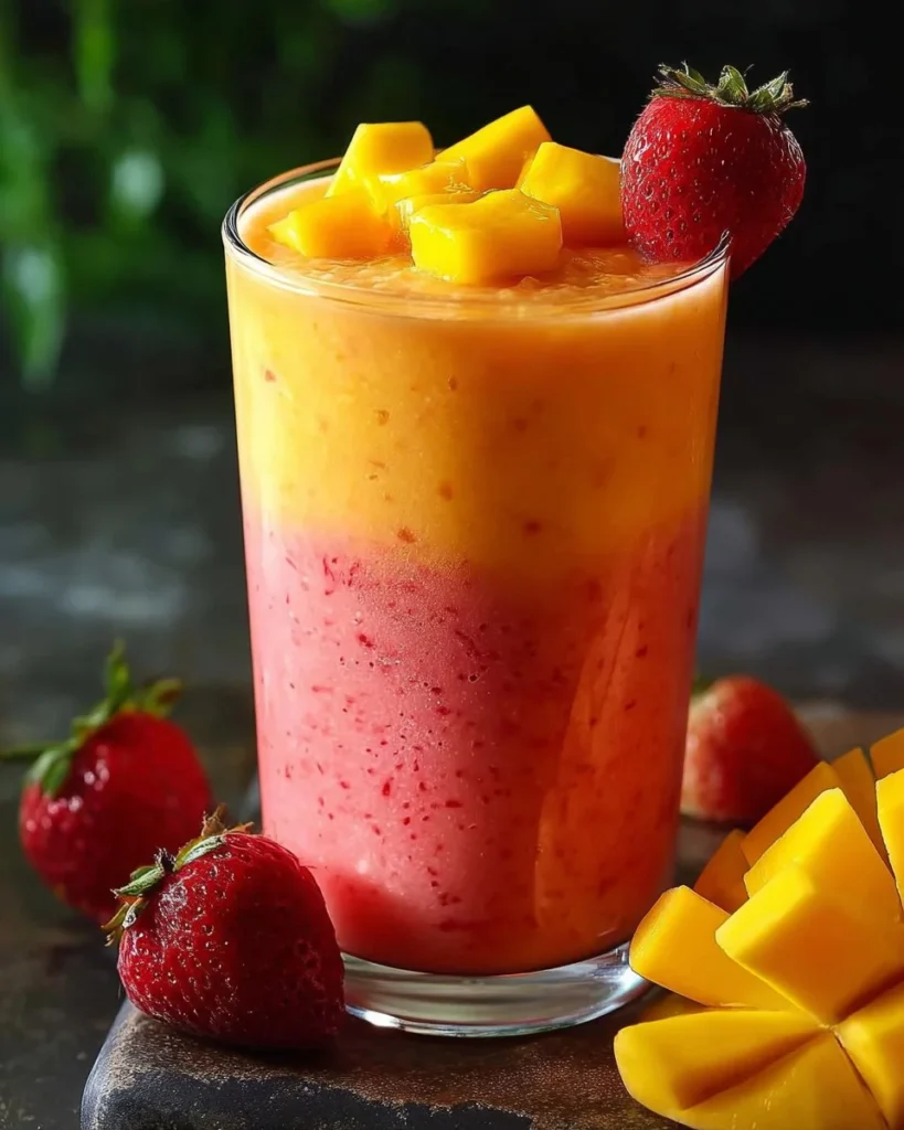 Tropical strawberry mango smoothie in a glass with fresh fruits