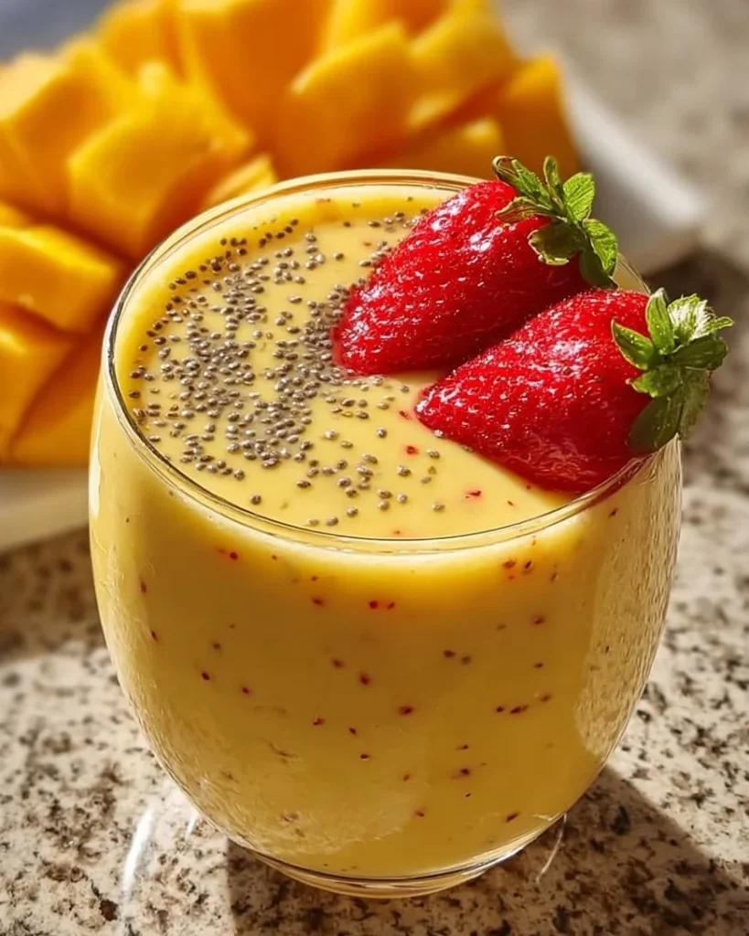 Delicious Tropical Strawberry Mango Smoothie in a glass with fresh fruit