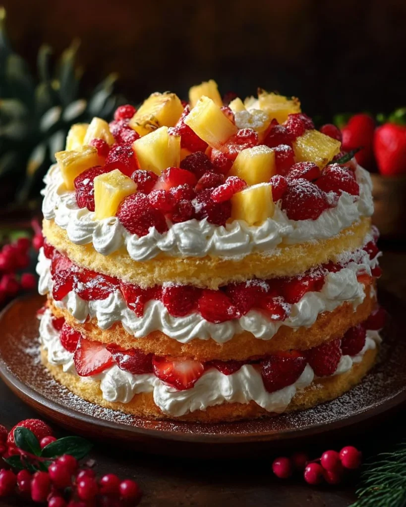Tropical strawberry pineapple shortcake with fresh fruit and whipped cream