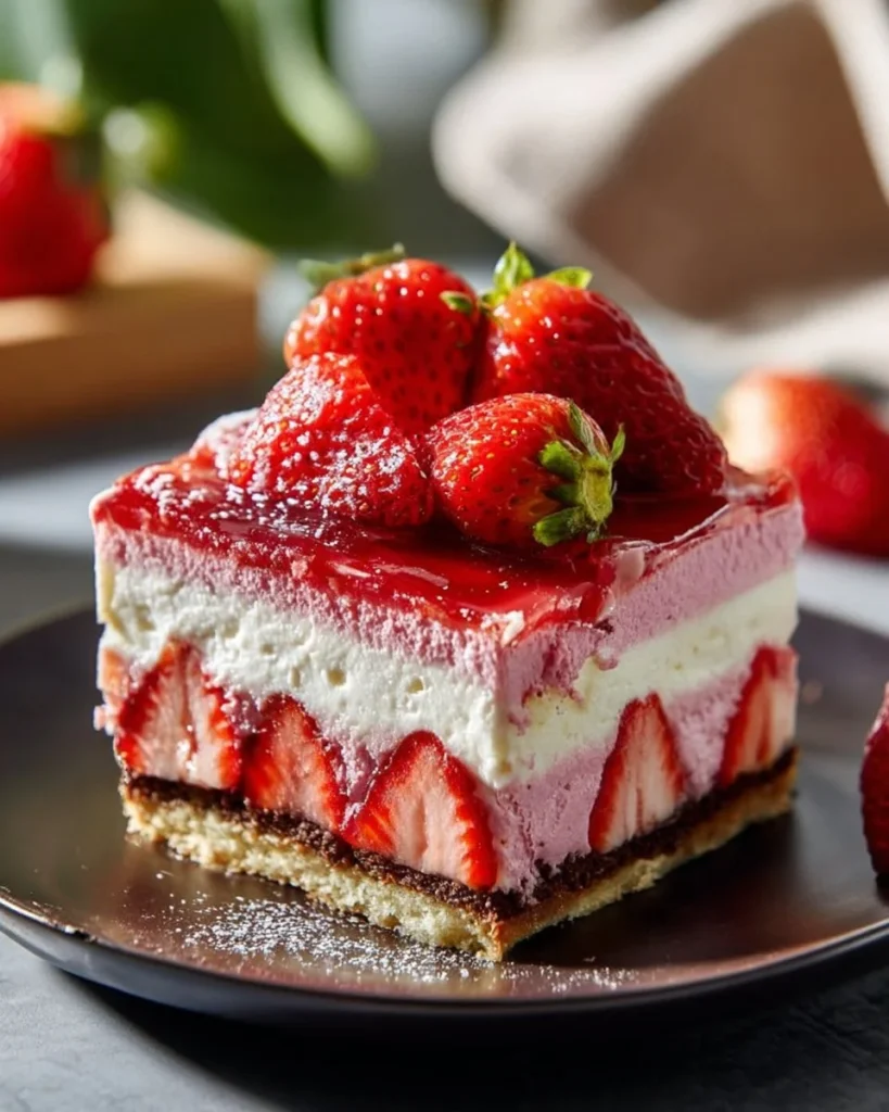 Tropical Strawberry Split Cake topped with fresh strawberries and whipped cream.