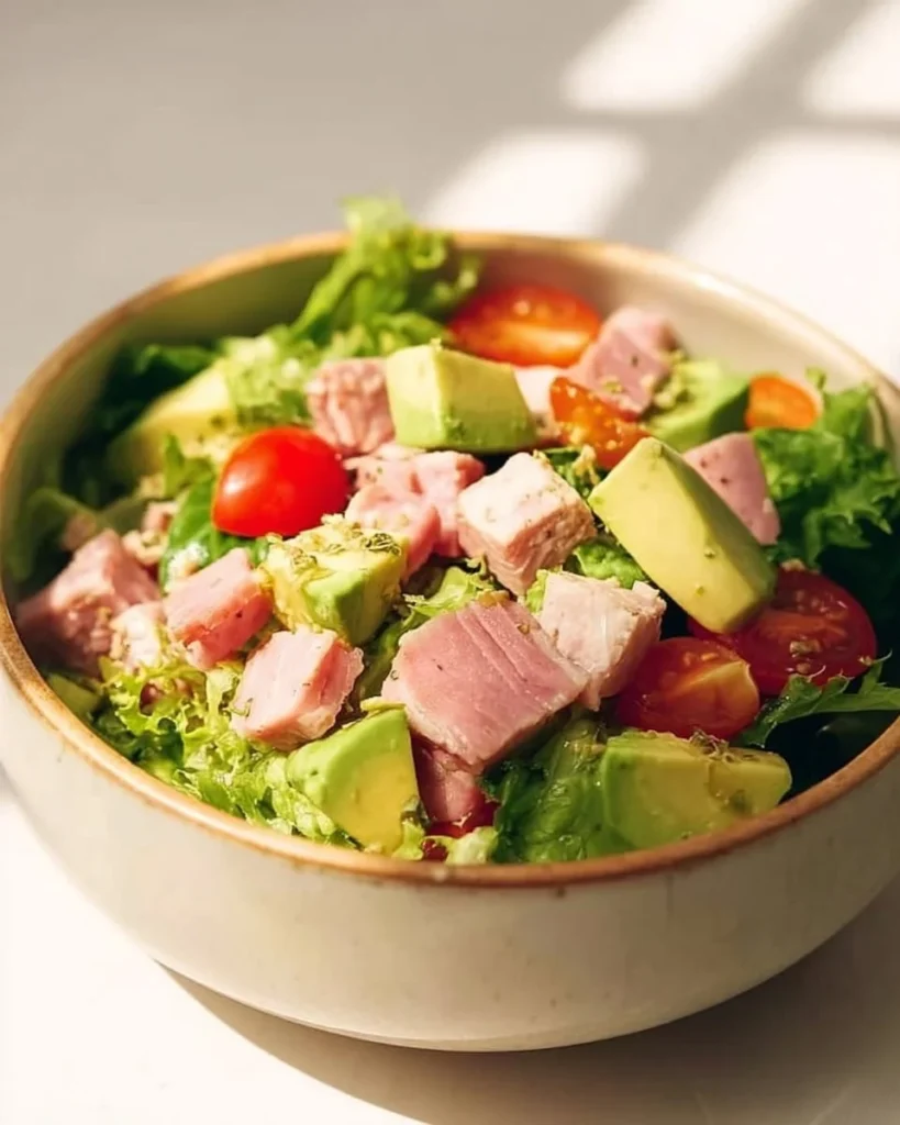 Fresh Tuna Avocado Salad with vibrant vegetables and dressing