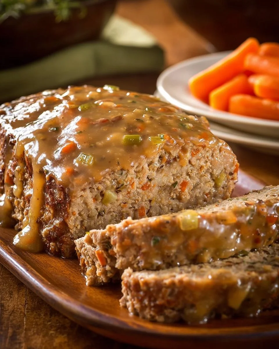 Sliced turkey and stuffing meatloaf served on a plate with vegetables
