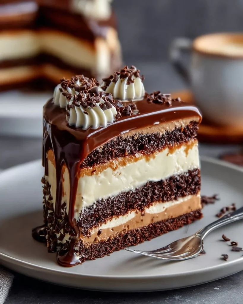 Delicious Turtle Caramel Cake topped with chocolate and pecans