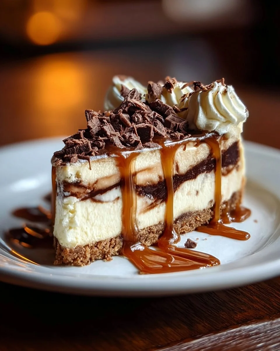 Delicious Turtle Cheesecake with chocolate, caramel, and pecans