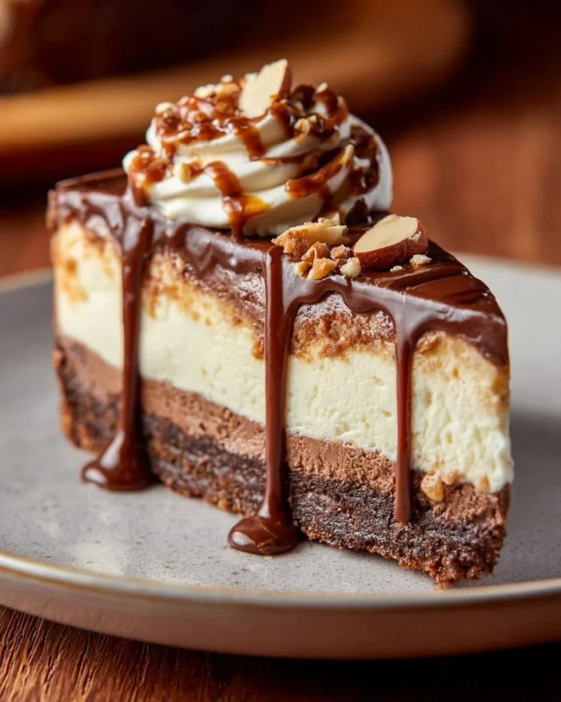 Delicious Turtle Cheesecake topped with chocolate, caramel, and pecans