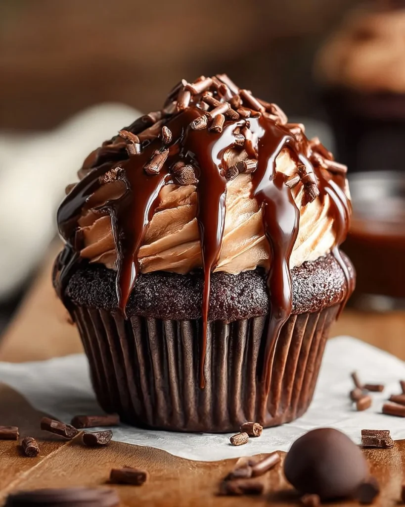 Delicious Turtle Chocolate Cupcakes decorated with caramel and pecans.