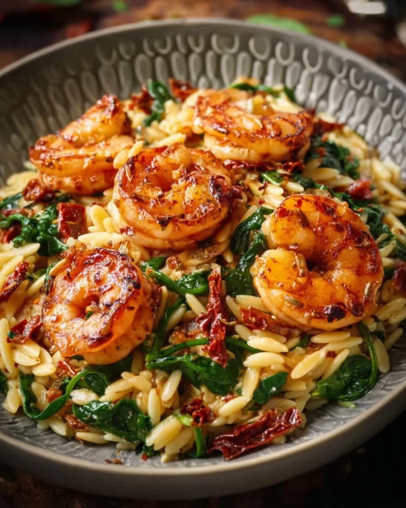 Delicious plate of Tuscan shrimp orzo with fresh herbs and vegetables
