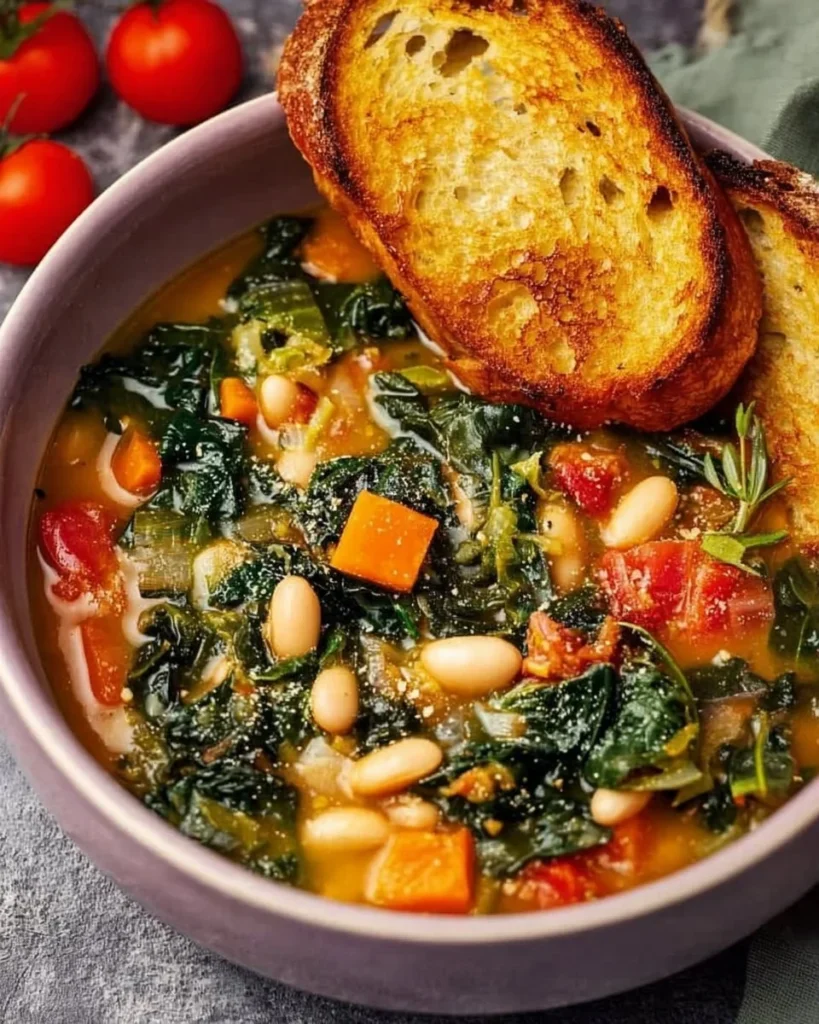 Bowl of Tuscan White Bean Soup topped with fresh herbs and olive oil.