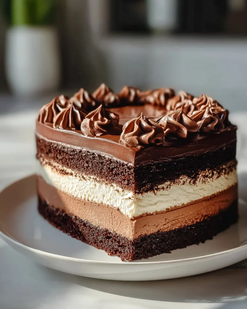 Decadent Tuxedo Cake with triple chocolate mousse layers