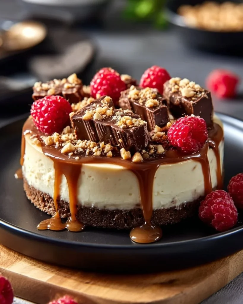 Delicious Twix Cheesecake topped with chocolate and caramel