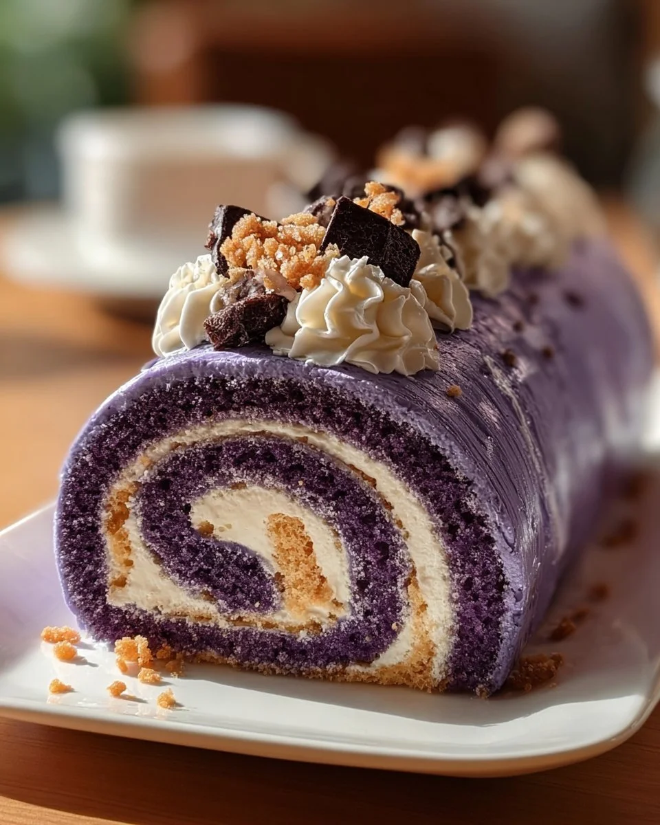 Delicious ube cake roll with a vibrant purple color and creamy filling.