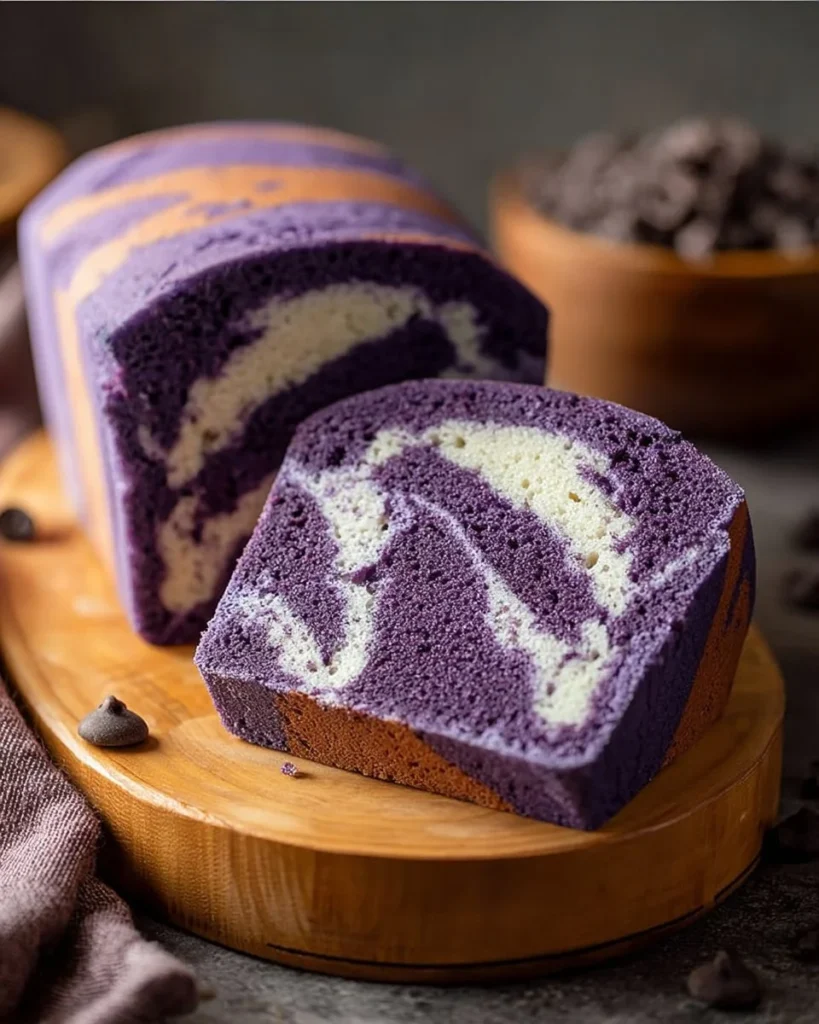 Slice of ube pound cake with vibrant purple color and creamy texture