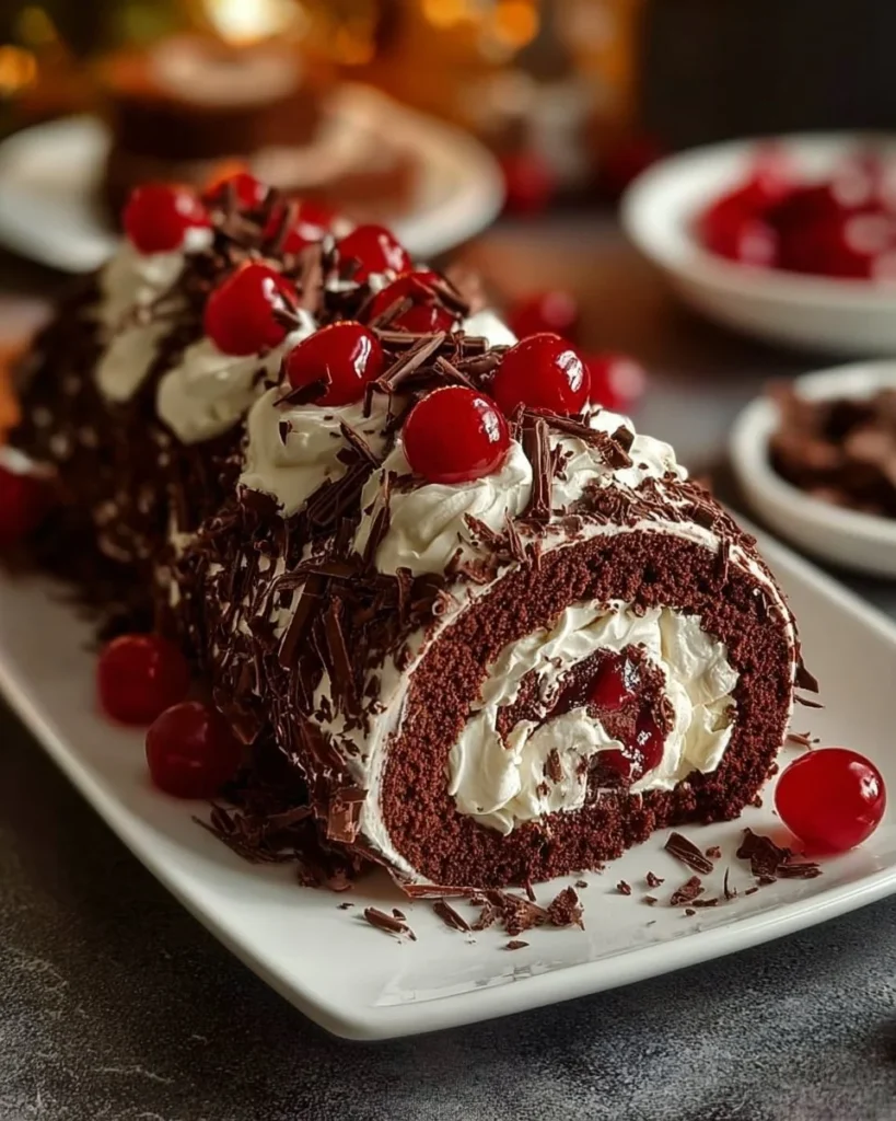 Deliciously layered Ultimate Black Forest Roll Cake with chocolate, cream, and cherries.