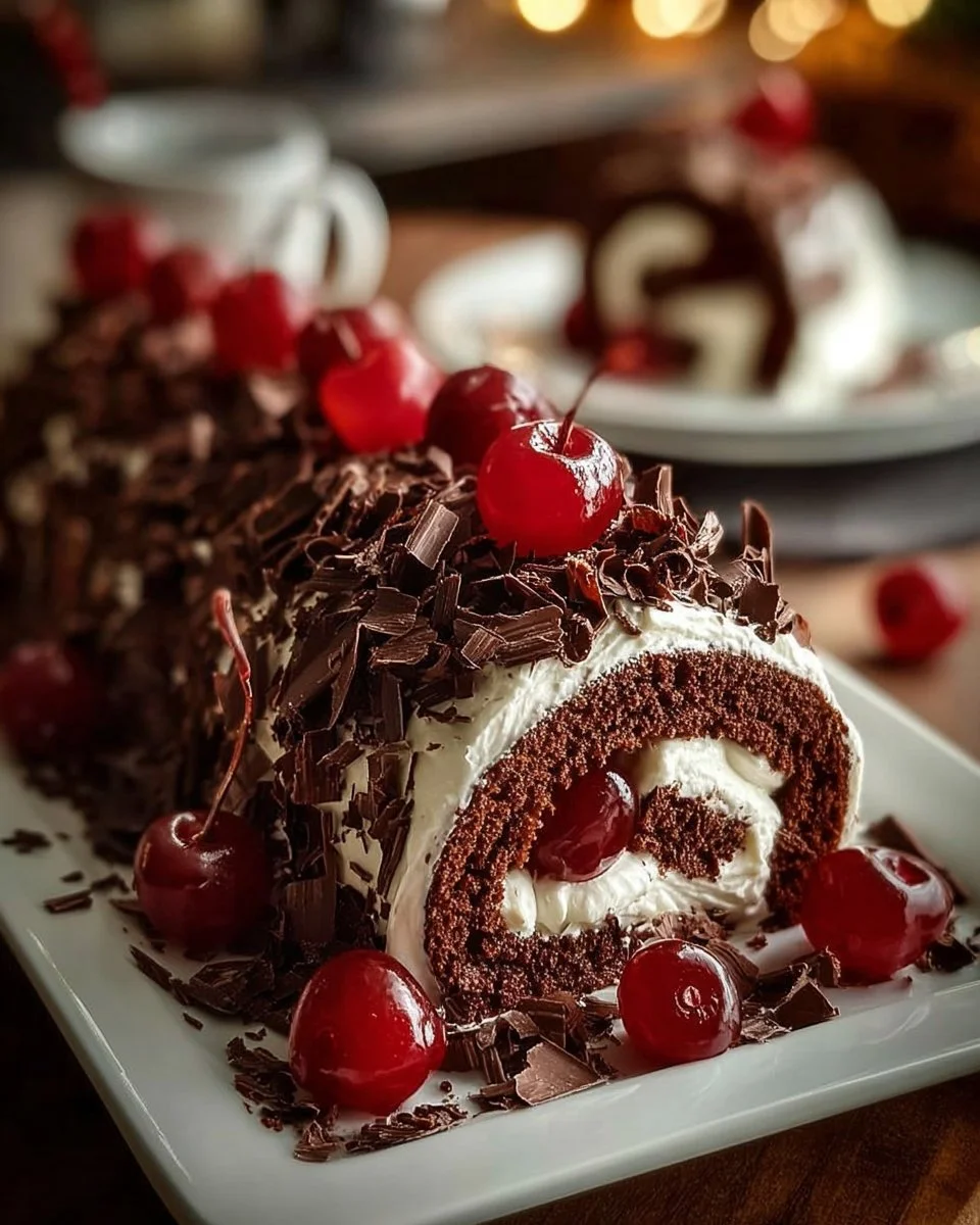 Ultimate Black Forest Roll Cake with chocolate, cherries, and whipped cream toppings