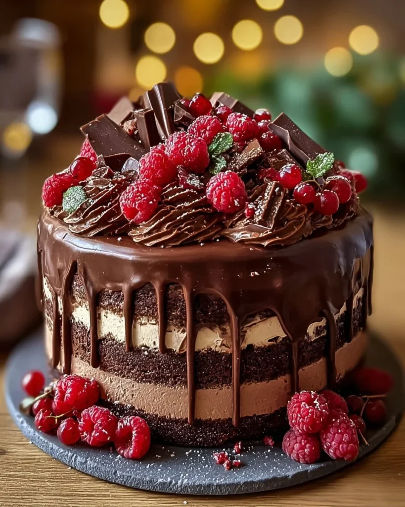 Ultimate Chocolate Cake topped with rich chocolate ganache and sprinkles