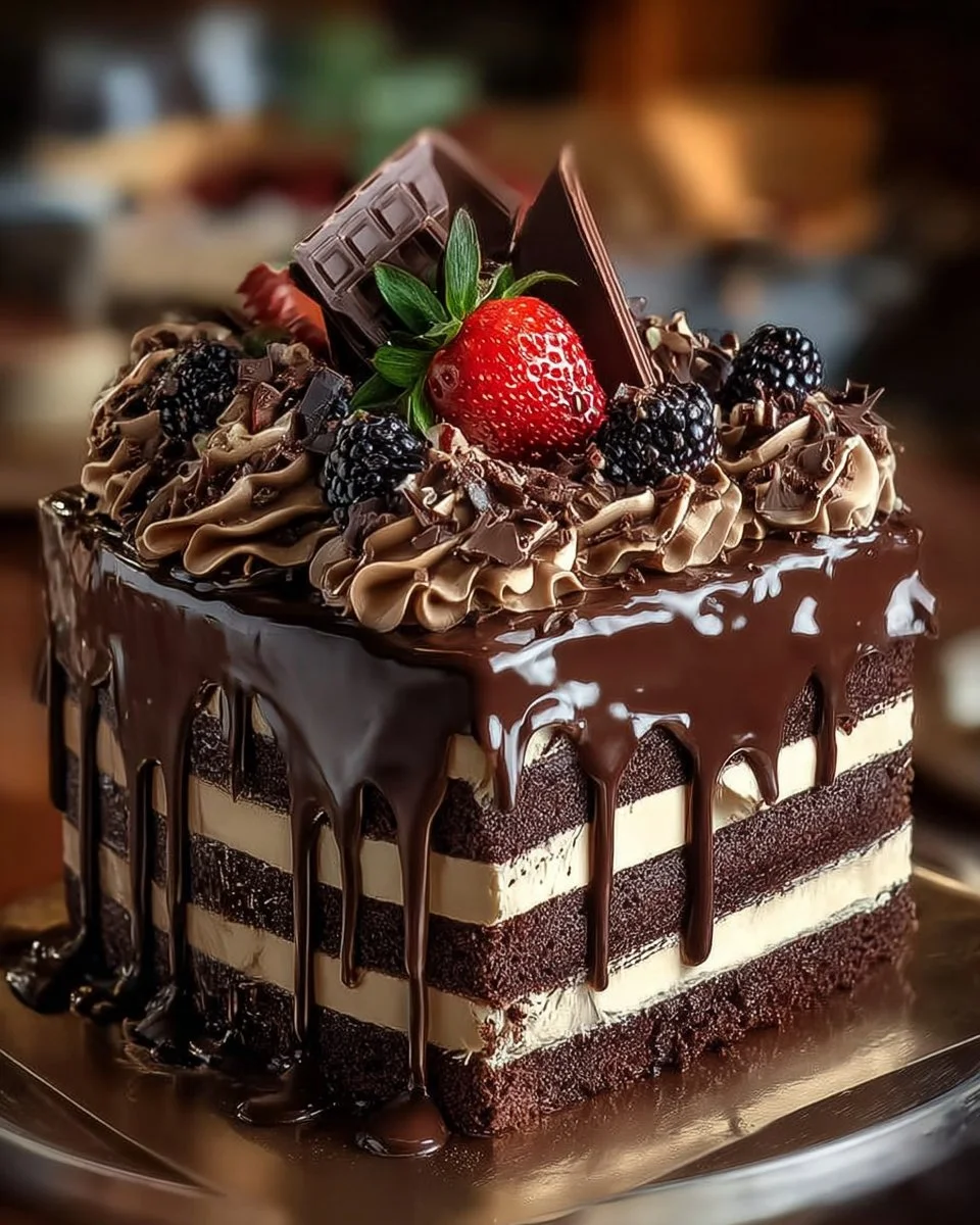 Deliciously layered chocolate layer cake with rich frosting and decorations.