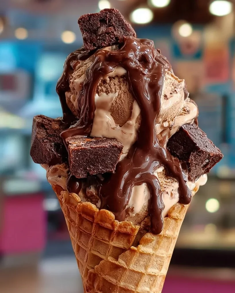 Delicious chocolate soft serve swirled in a cone with chocolate sprinkles