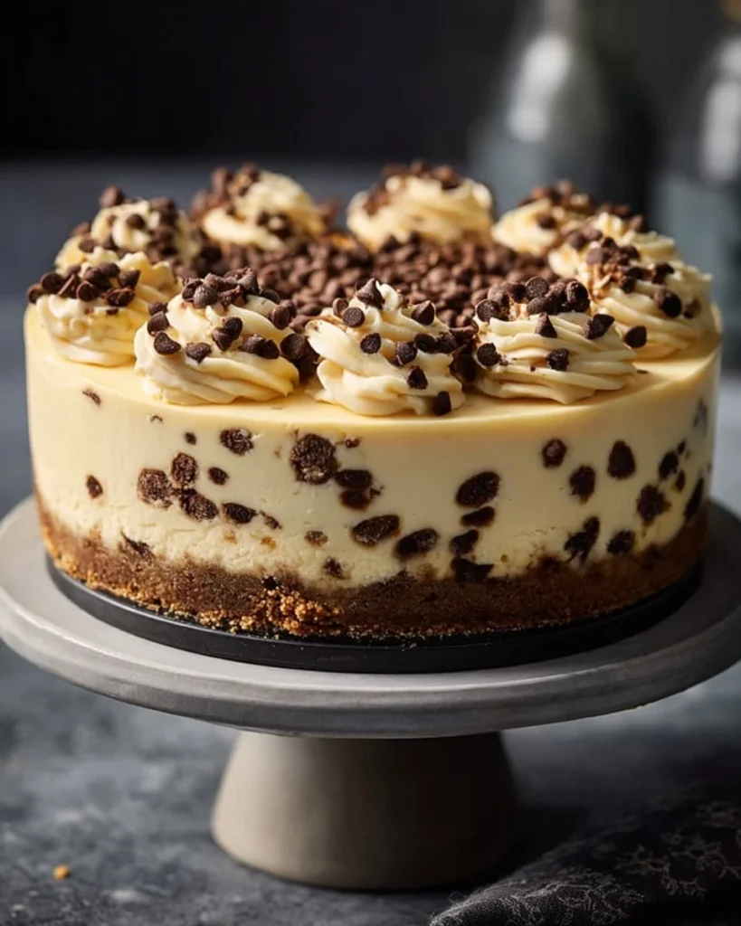 Ultimate Cookie Dough Cheesecake with chocolate chips and cookie dough topping
