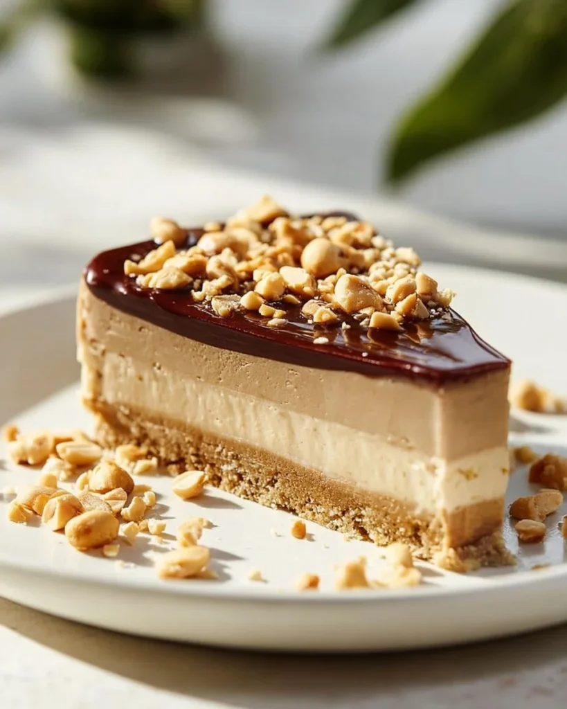 Slice of Ultimate Peanut Butter Cheesecake topped with chocolate drizzle