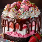 Ultimate Strawberry Chocolate Fantasy Ice Cream Cake topped with strawberries