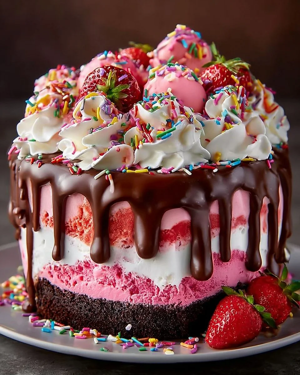 Ultimate Strawberry Chocolate Fantasy Ice Cream Cake topped with strawberries