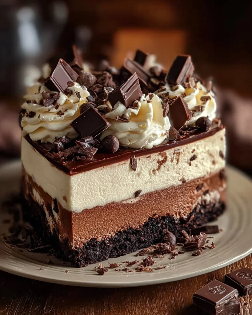 Ultimate Triple Chocolate Cheesecake topped with rich chocolate ganache and garnished with chocolate shavings.