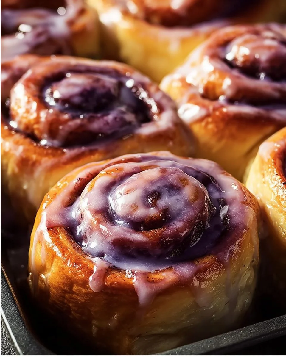 Delicious homemade ube cinnamon rolls topped with purple icing and cinnamon.