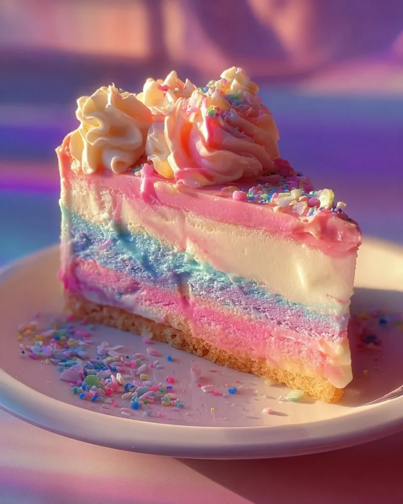 Slice of colorful Unicorn Fudge Cheesecake with swirls of vibrant frosting