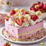 Unicorn No-Bake Strawberry Split Cake with colorful layers and toppings
