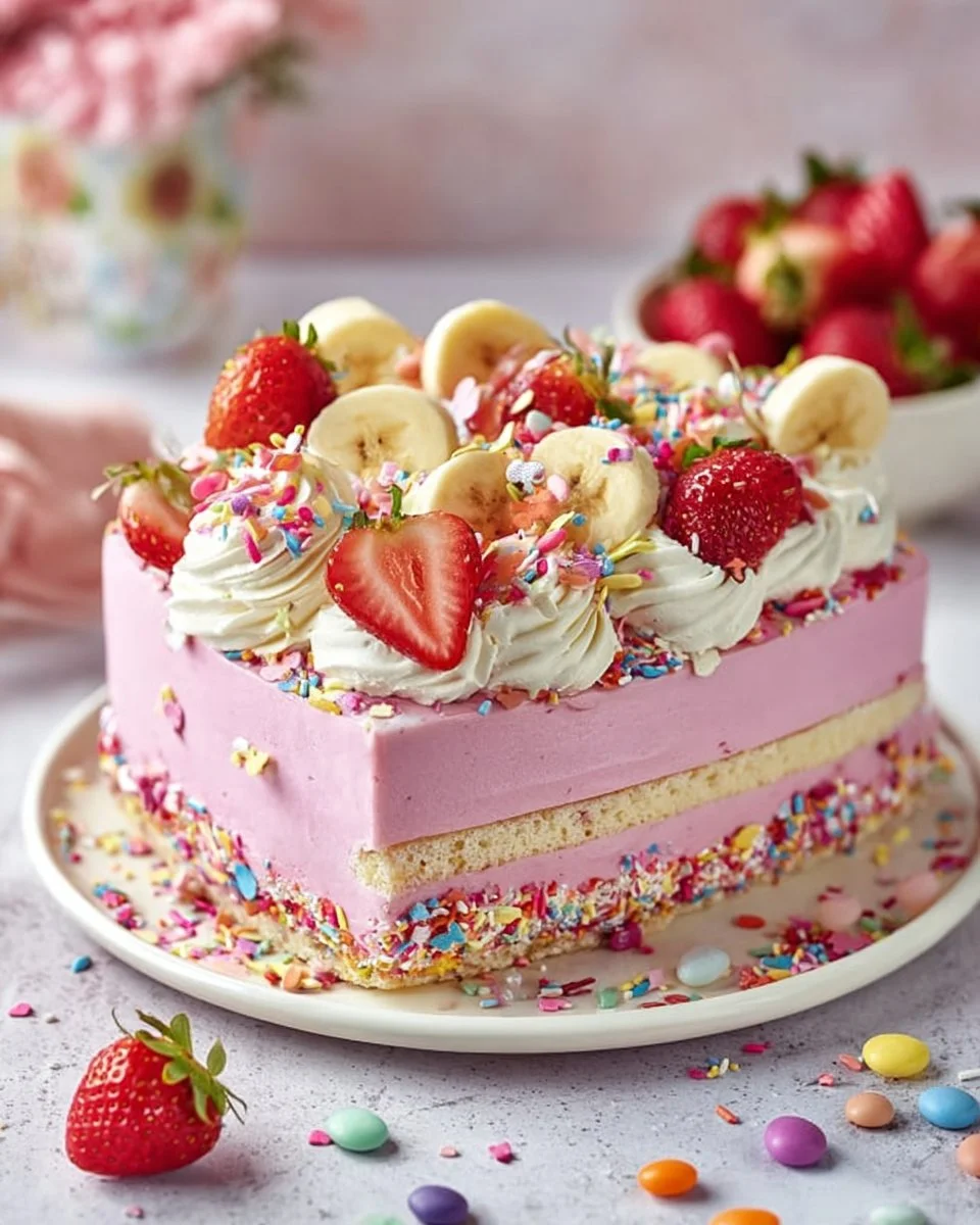 Unicorn No-Bake Strawberry Split Cake with colorful layers and toppings