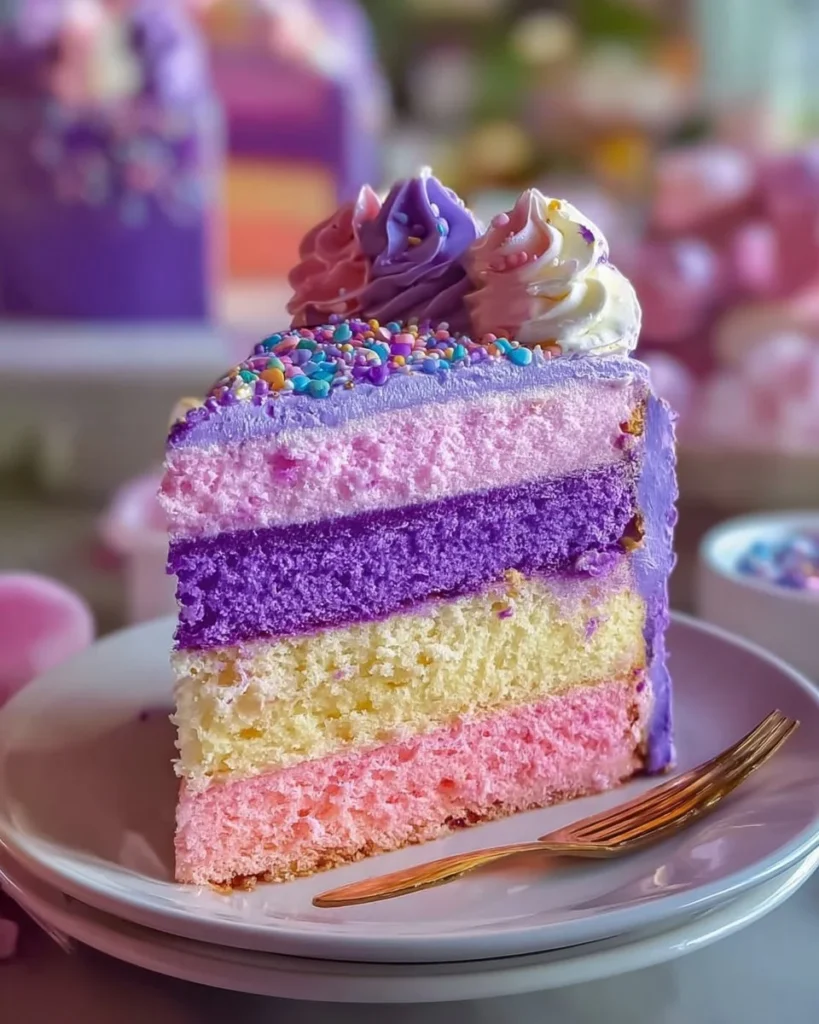 Colorful Unicorn Rainbow Cake with frosting and decorations