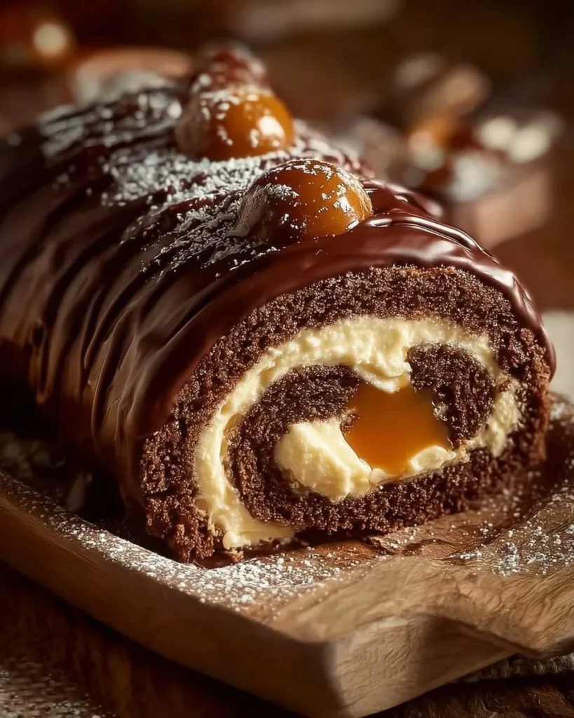 Delicious Chocolate Caramel Swiss Roll garnished with chocolate and caramel sauce