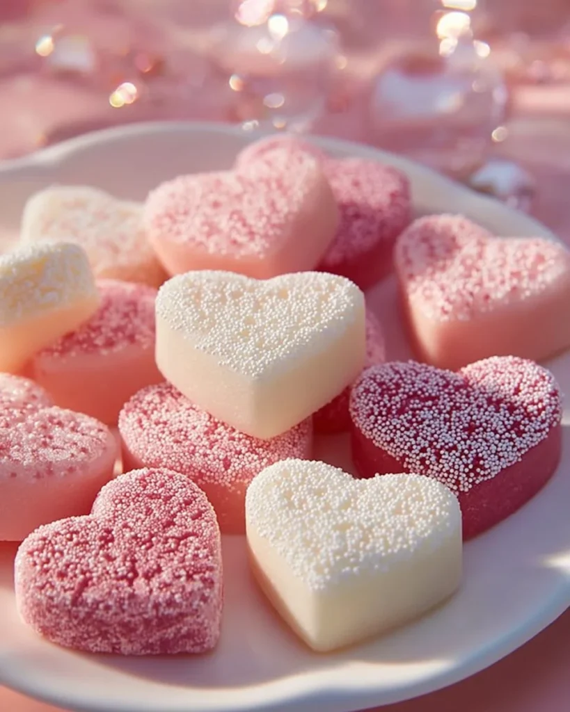 A plate of Valentine's cream cheese butter mints in heart shapes.