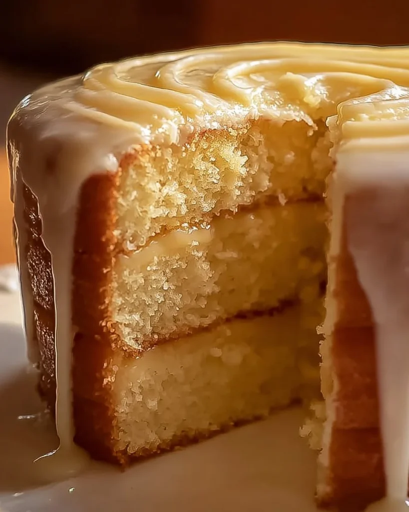 Vanilla Buttermilk Pound Cake with Cream Cheese Glaze on a plate