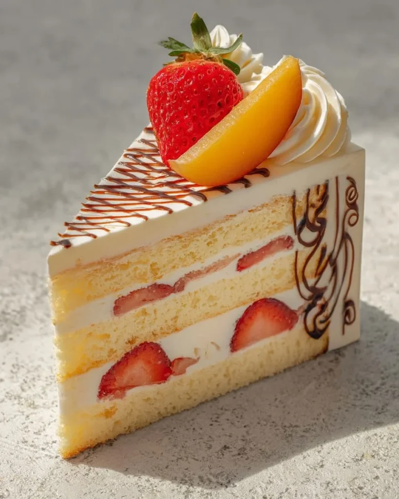 Delicious vanilla cake topped with fresh strawberries and peaches