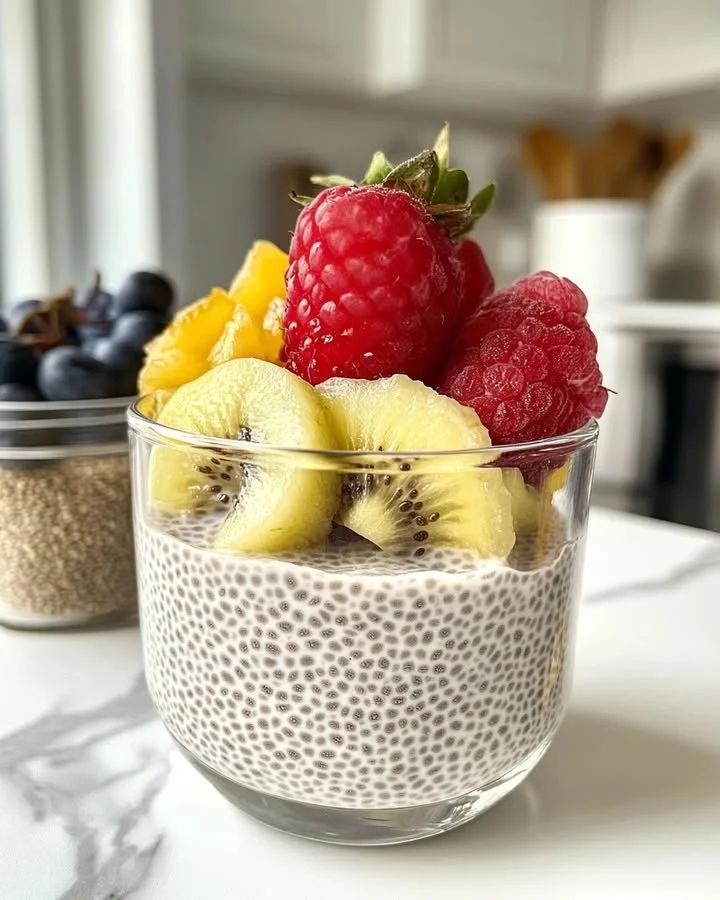 Bowl of delicious vanilla chia seed pudding topped with fresh fruits