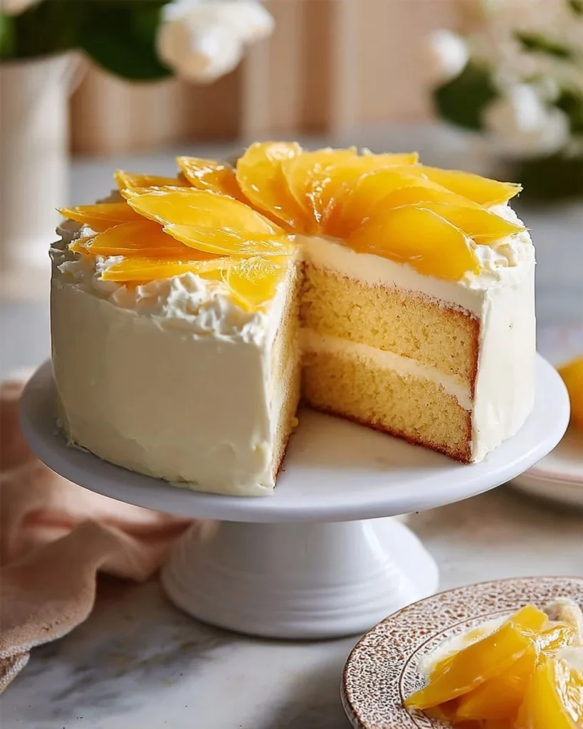 A slice of moist Vanilla Chiffon Cake topped with cream and berries.