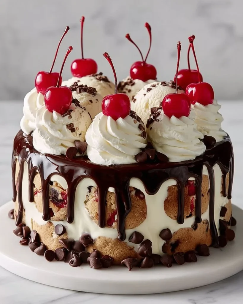 Delicious vanilla ice cream cookie cake served on a plate with a scoop of ice cream.