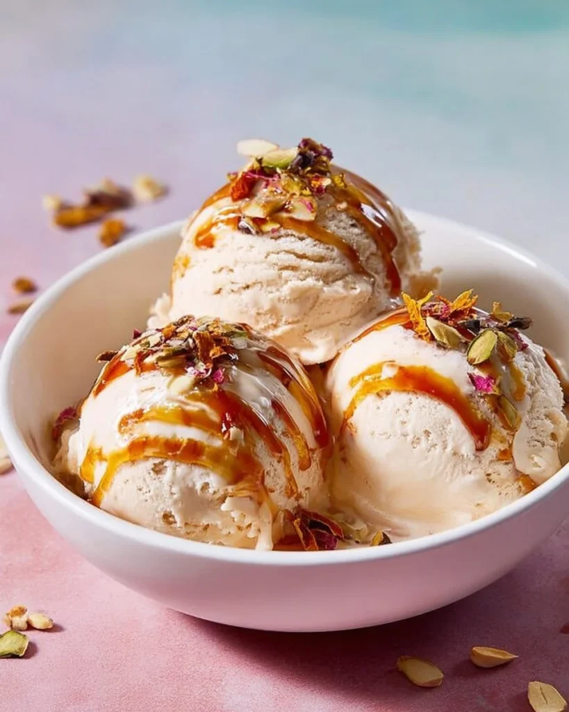 Bowl of vanilla ice cream topped with pumpkin seed oil