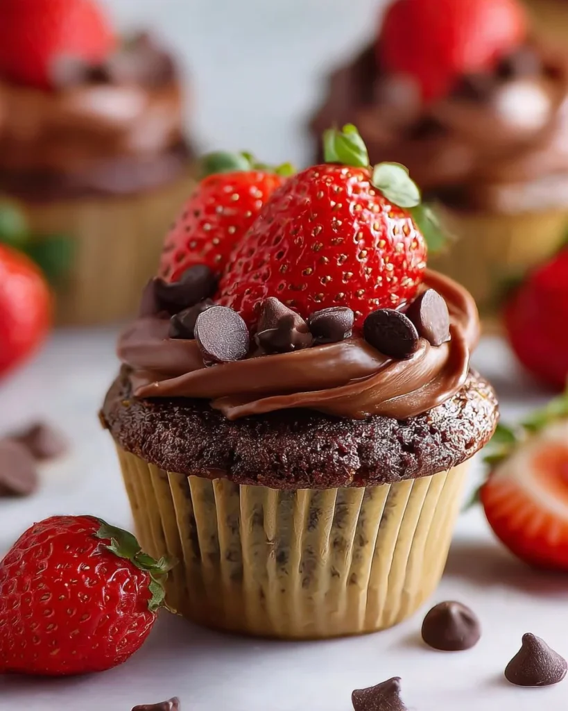 Vegan dark chocolate strawberry muffins fresh out of the oven, healthy treat.