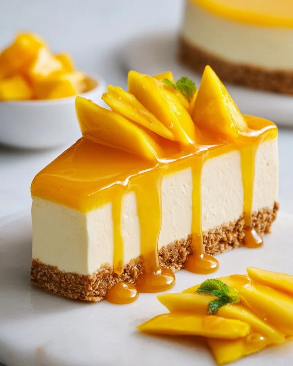 Delicious vegan mango cheesecake slice garnished with fresh mango