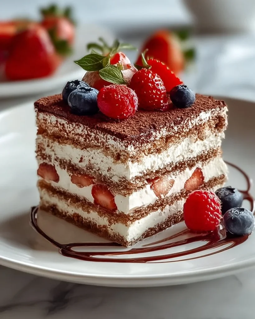 Vegan Strawberry Tiramisu Cake topped with fresh strawberries and chocolate drizzles.