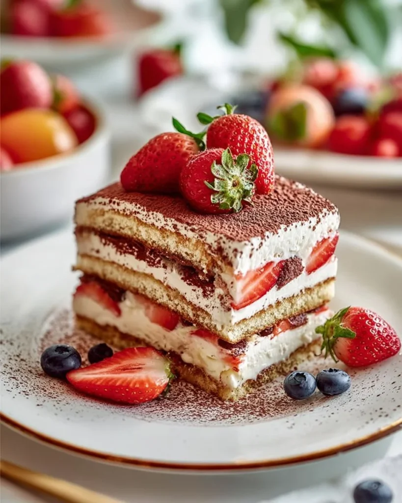 Delicious vegan strawberry tiramisu cake topped with strawberries and cocoa powder