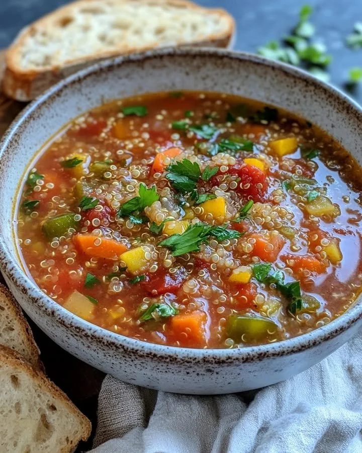 Bowl of hearty Vegetable Quinoa Soup with colorful vegetables and quinoa grains