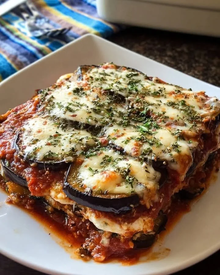 Vegetarian eggplant lasagna layered with cheese and fresh vegetables