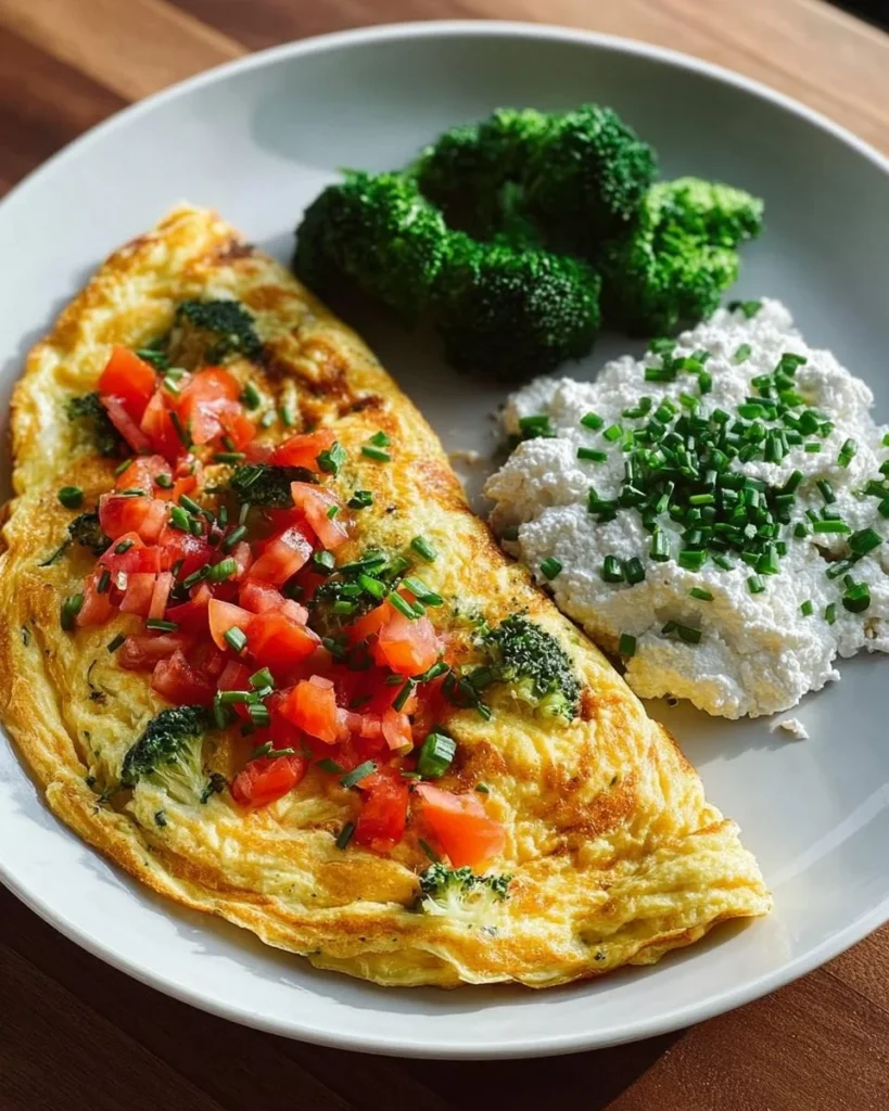 Delicious veggie omelet plate with broccoli and cottage cheese